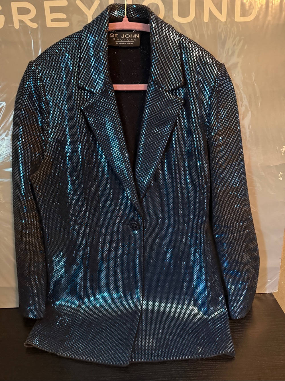 St. John Black and Metallic Blue Knit Blazer